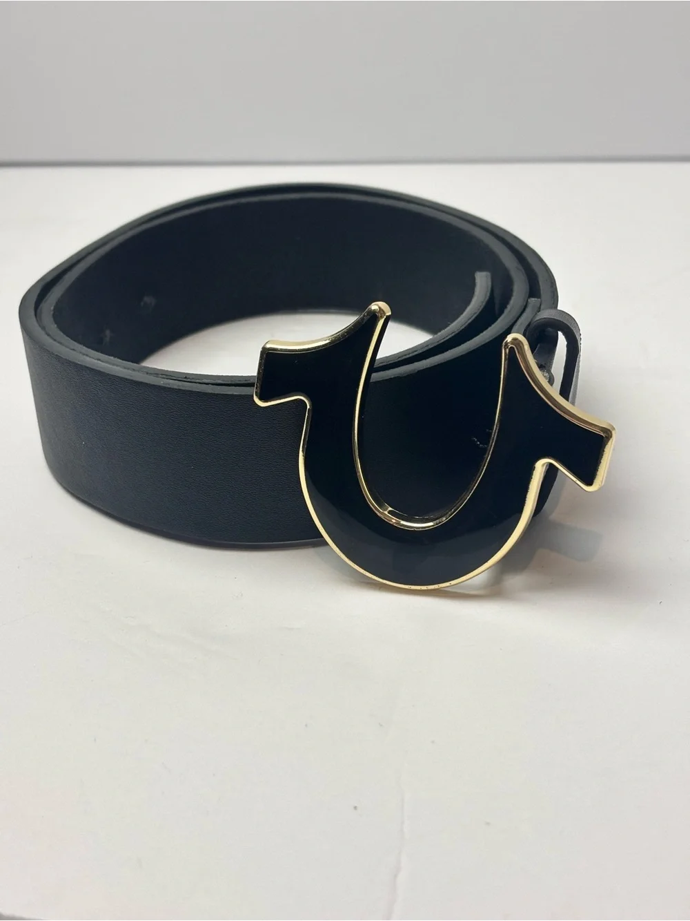 True Religion Black Leather Belt with Gold-Trim Signature Buckle
